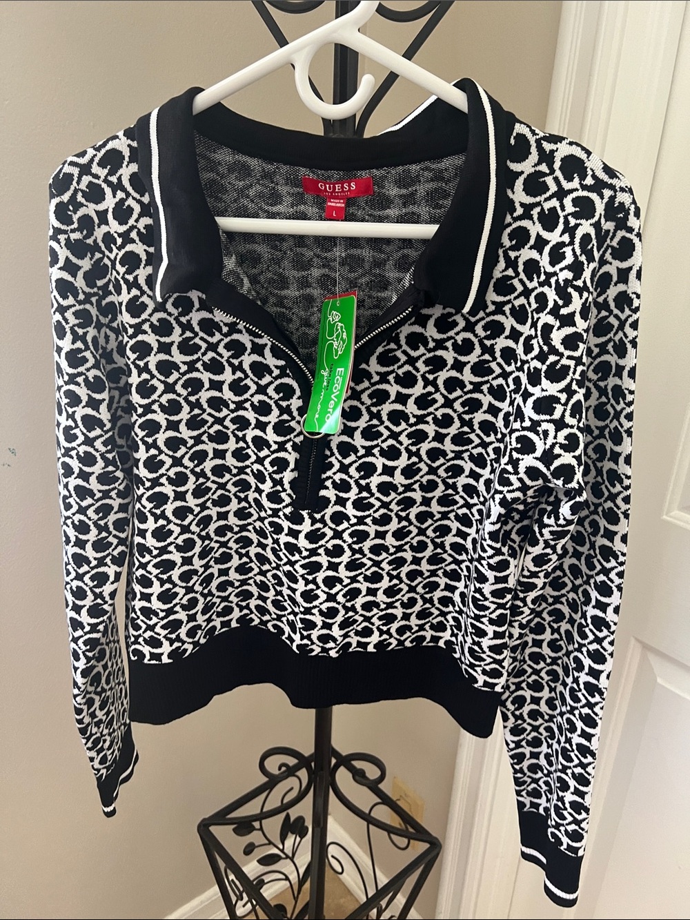 GUESS Black & White Logo Polo Zip Sweater